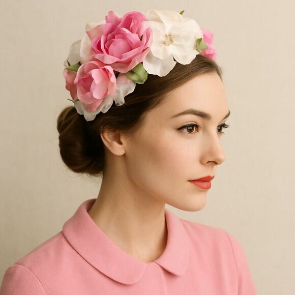 Vintage 1950s Modern Miss Pink White Floral Half Hat Headpiece Union Made USA
